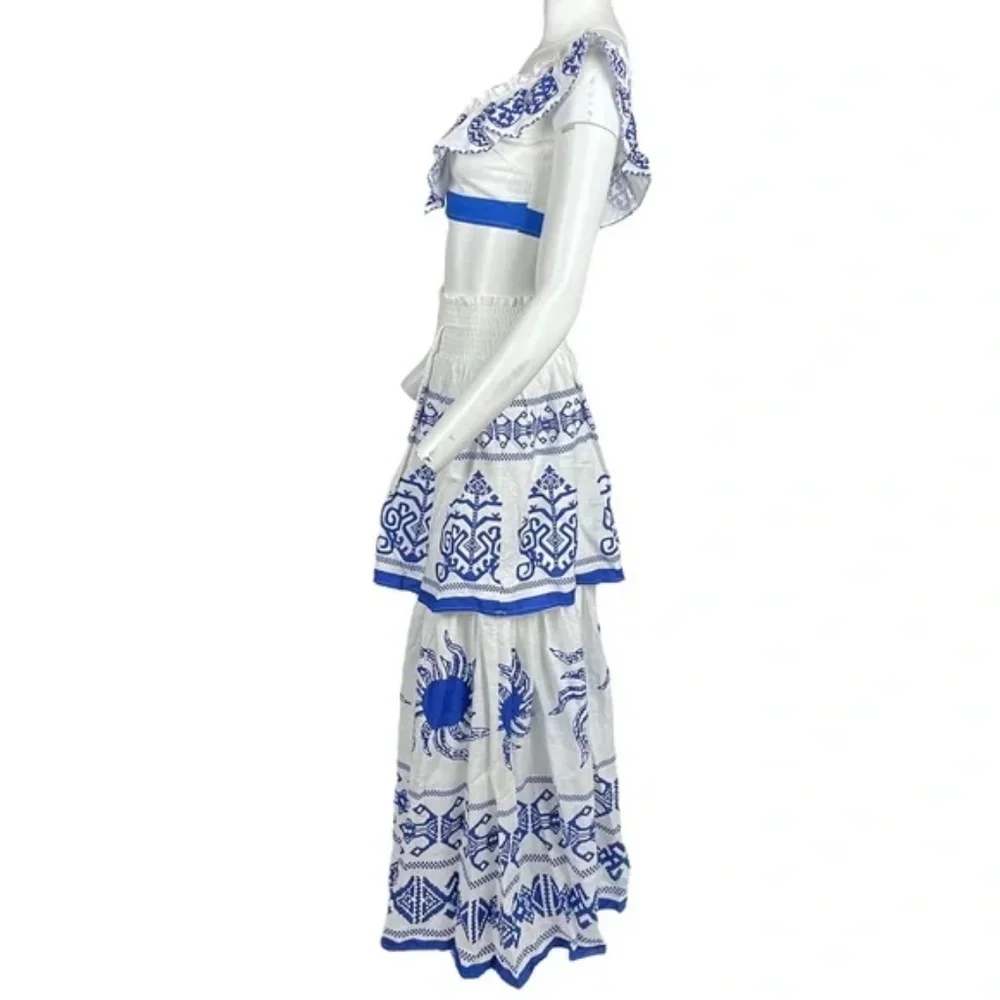 Blue White Tiered Maxi Skirt Set Ruffle Crop Top NWT